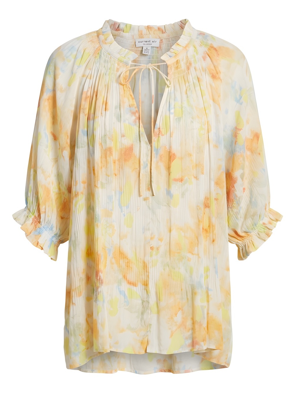 Current air- Women's Yellow Watercolor Pleated Peasant Blouse, size Small